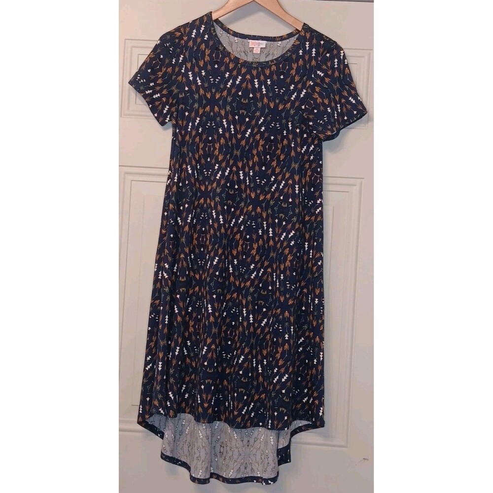 Lula Roe Pullover Short Sleeve T-Shirt Dress SIZE: XS BLUE MULTICOLOR DESIGN